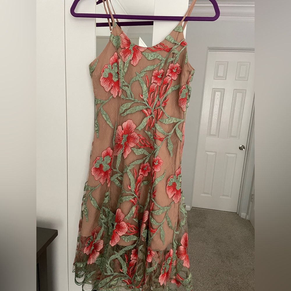 Floral Embroidered Dress - Tan and Red